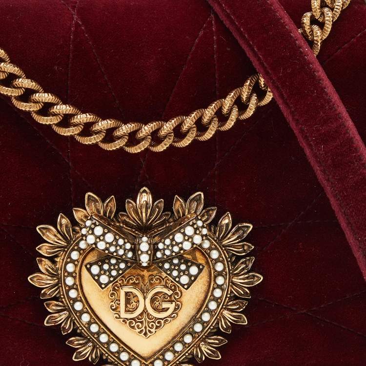 Pre Owned Dolce & Gabbana Maroon Quilted Velvet Devotion Chain Shoulder Bag