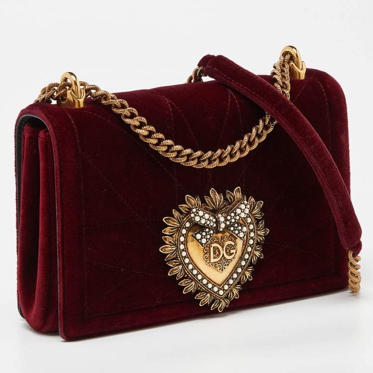 Pre Owned Dolce & Gabbana Maroon Quilted Velvet Devotion Chain Shoulder Bag