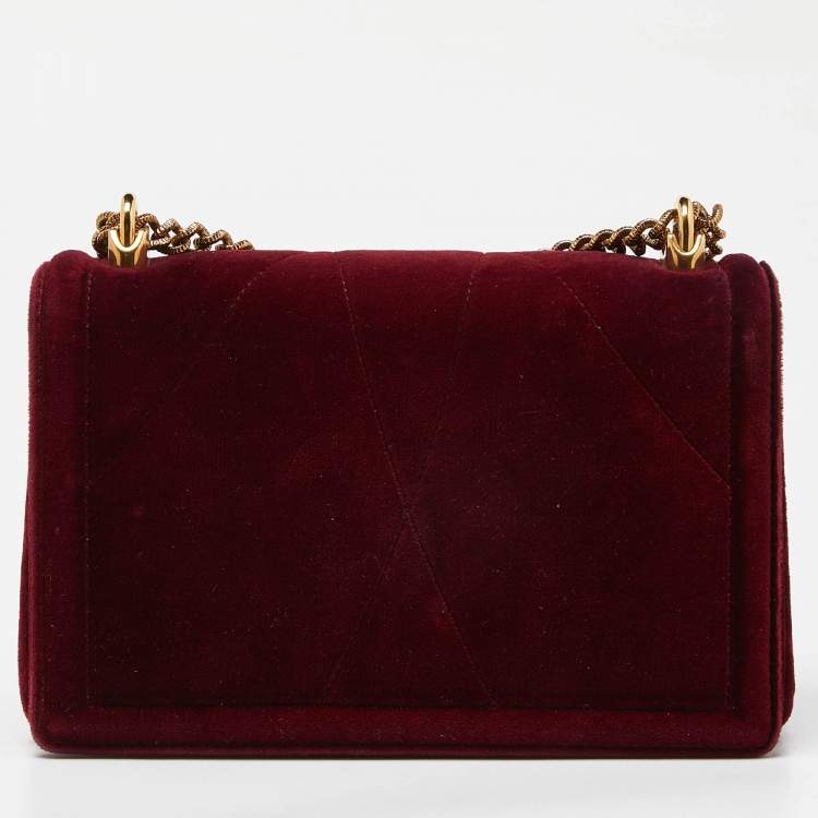 Pre Owned Dolce & Gabbana Maroon Quilted Velvet Devotion Chain Shoulder Bag