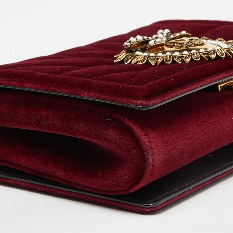 Pre Owned Dolce & Gabbana Maroon Quilted Velvet Devotion Chain Shoulder Bag