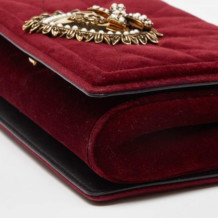 Pre Owned Dolce & Gabbana Maroon Quilted Velvet Devotion Chain Shoulder Bag