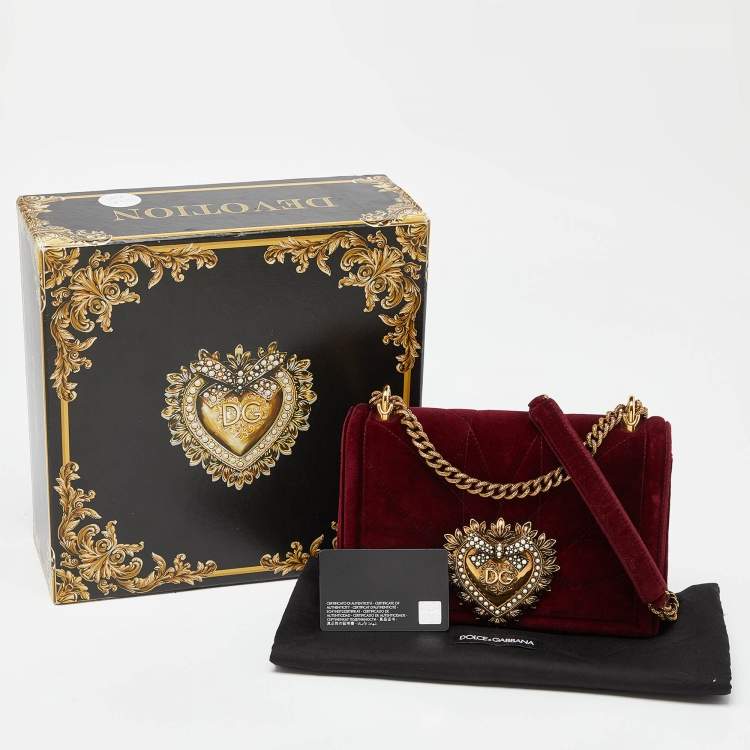 Pre Owned Dolce & Gabbana Maroon Quilted Velvet Devotion Chain Shoulder Bag