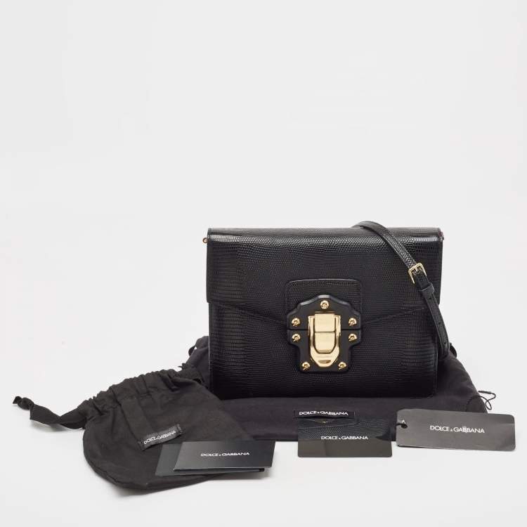 Pre Owned Dolce & Gabbana Black Lizard Embossed Leather Lucia Medium Shoulder Bag