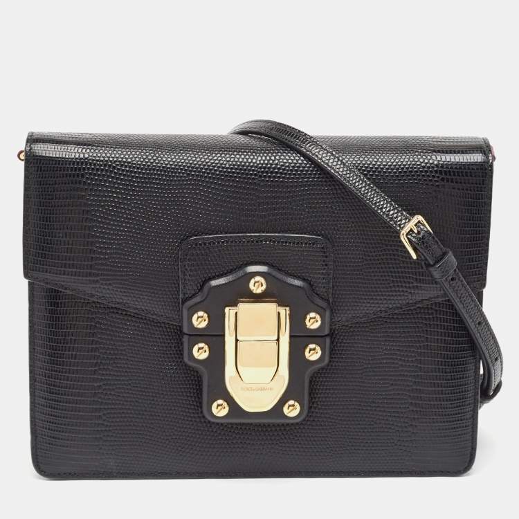 Pre Owned Dolce & Gabbana Black Lizard Embossed Leather Lucia Medium Shoulder Bag