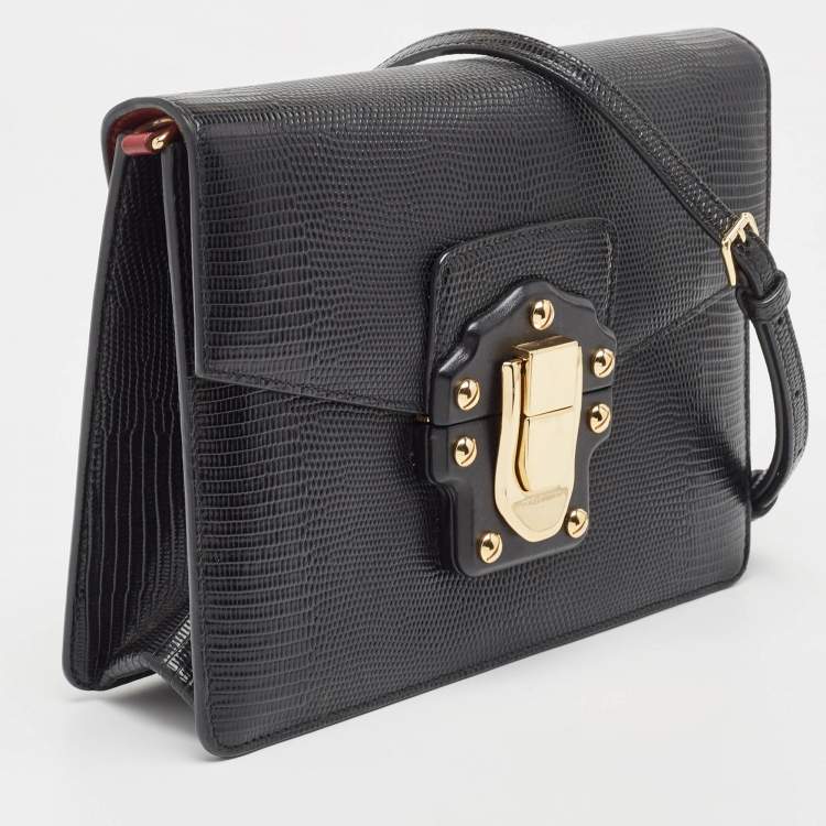 Pre Owned Dolce & Gabbana Black Lizard Embossed Leather Lucia Medium Shoulder Bag