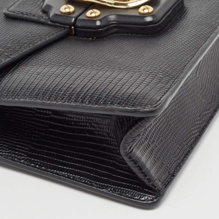 Pre Owned Dolce & Gabbana Black Lizard Embossed Leather Lucia Medium Shoulder Bag