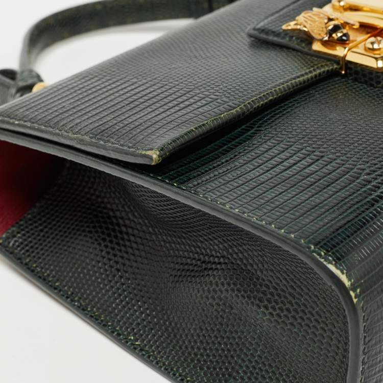 Pre Owned Dolce & Gabbana Dark Green Lizard Embossed Leather Lucia Top Handle Bag