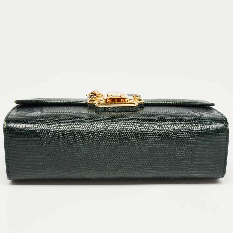 Pre Owned Dolce & Gabbana Dark Green Lizard Embossed Leather Lucia Top Handle Bag