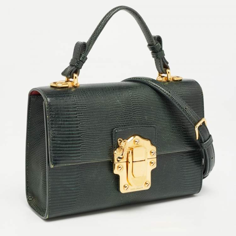 Pre Owned Dolce & Gabbana Dark Green Lizard Embossed Leather Lucia Top Handle Bag