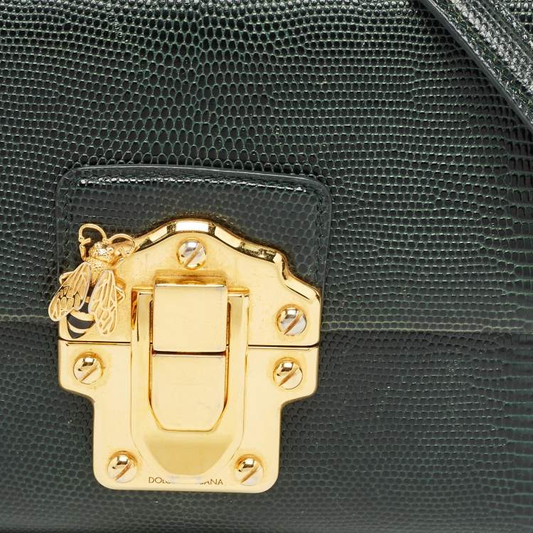 Pre Owned Dolce & Gabbana Dark Green Lizard Embossed Leather Lucia Top Handle Bag