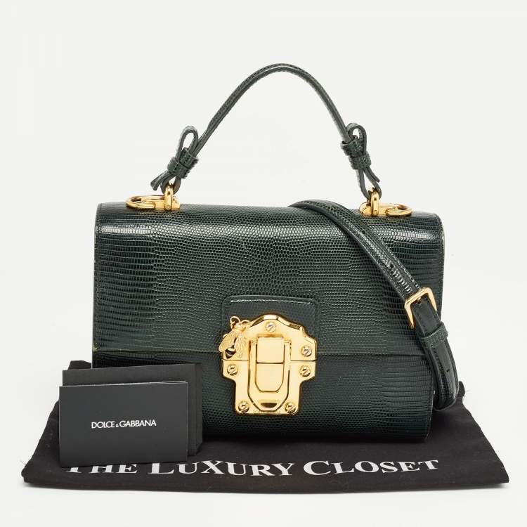 Pre Owned Dolce & Gabbana Dark Green Lizard Embossed Leather Lucia Top Handle Bag