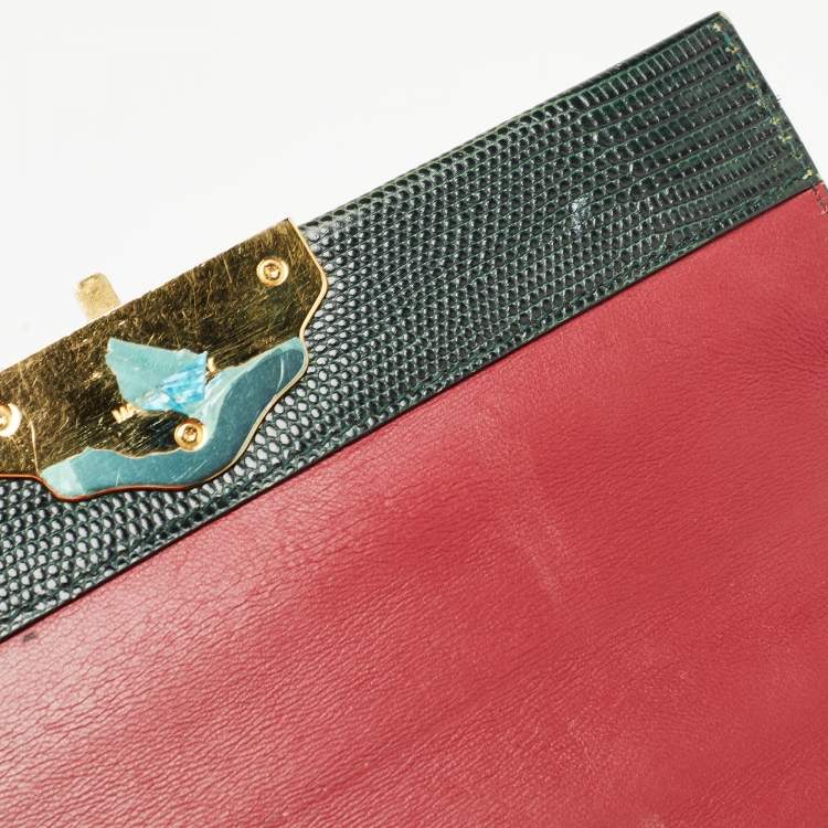 Pre Owned Dolce & Gabbana Dark Green Lizard Embossed Leather Lucia Top Handle Bag