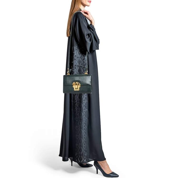 Pre Owned Dolce & Gabbana Dark Green Lizard Embossed Leather Lucia Top Handle Bag