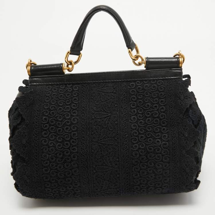 Pre Owned Dolce & Gabbana Black Crochet and  Leather Medium Miss Sicily Top Handle Bag