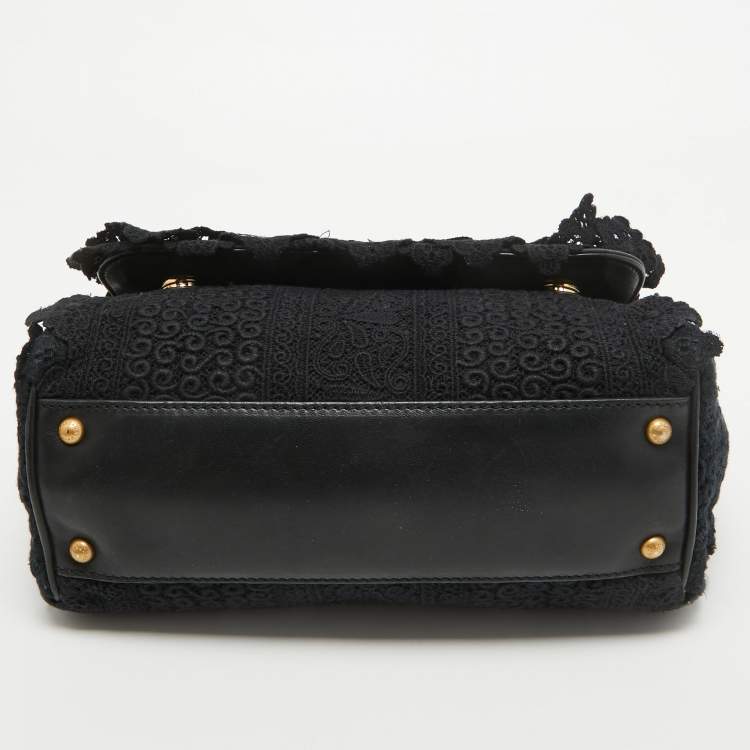 Pre Owned Dolce & Gabbana Black Crochet and  Leather Medium Miss Sicily Top Handle Bag