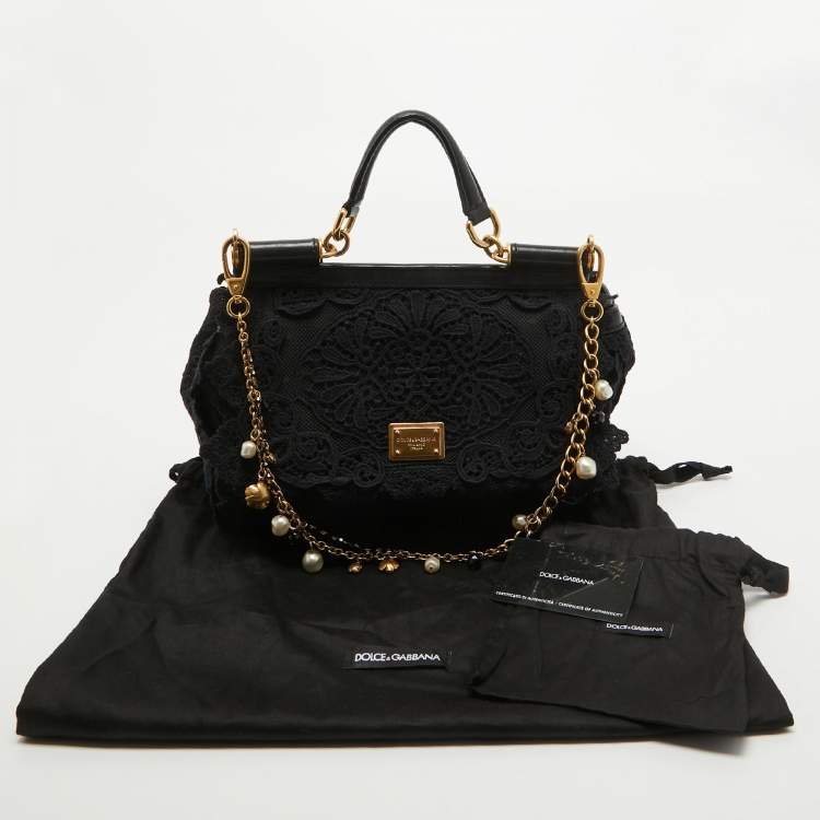 Pre Owned Dolce & Gabbana Black Crochet and  Leather Medium Miss Sicily Top Handle Bag