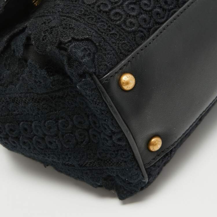 Pre Owned Dolce & Gabbana Black Crochet and  Leather Medium Miss Sicily Top Handle Bag