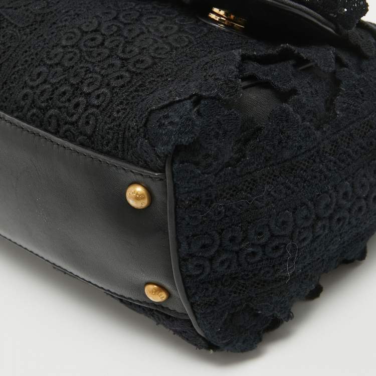 Pre Owned Dolce & Gabbana Black Crochet and  Leather Medium Miss Sicily Top Handle Bag
