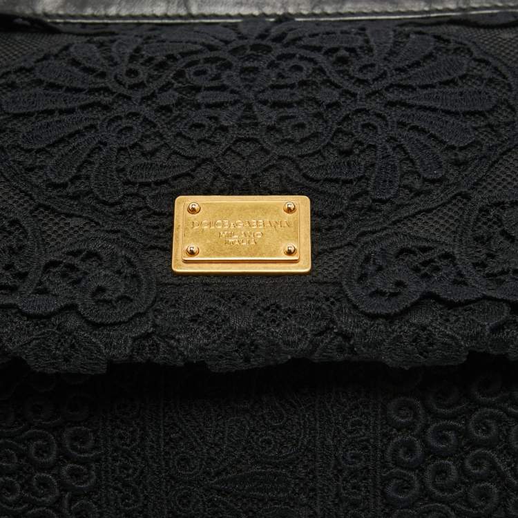 Pre Owned Dolce & Gabbana Black Crochet and  Leather Medium Miss Sicily Top Handle Bag