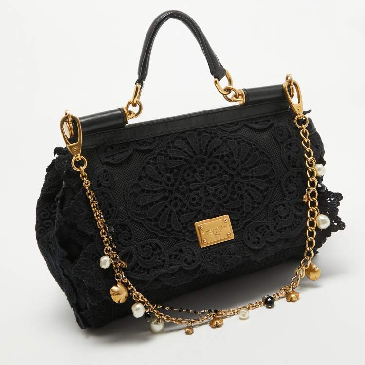 Pre Owned Dolce & Gabbana Black Crochet and  Leather Medium Miss Sicily Top Handle Bag