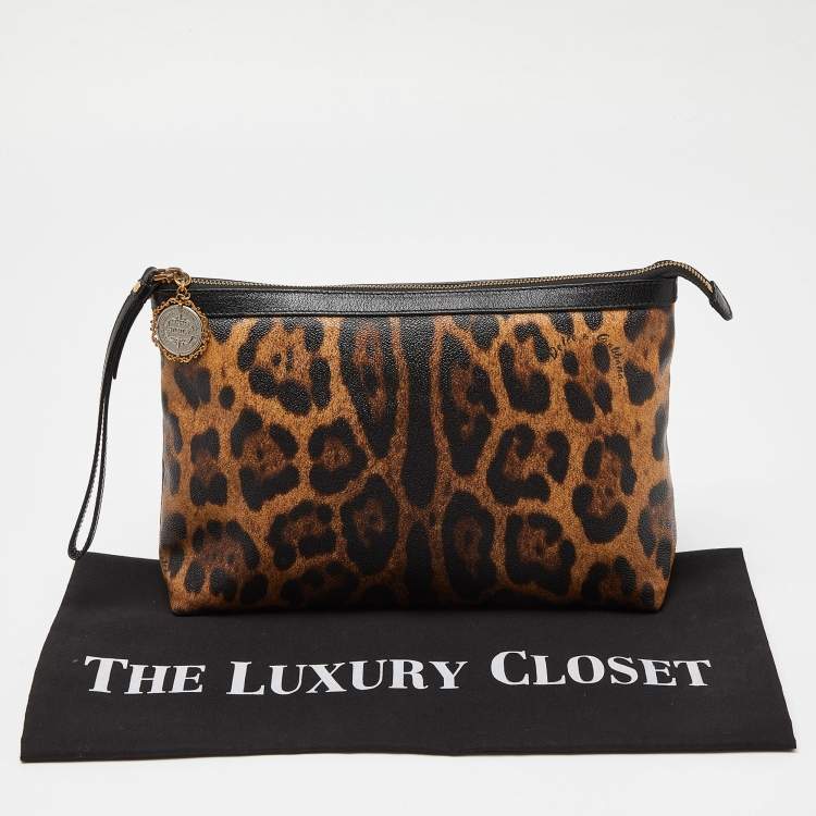 Pre Owned Dolce & Gabbana Brown/Black Leopard Print Coated Canvas and Leather Wristlet Pouch