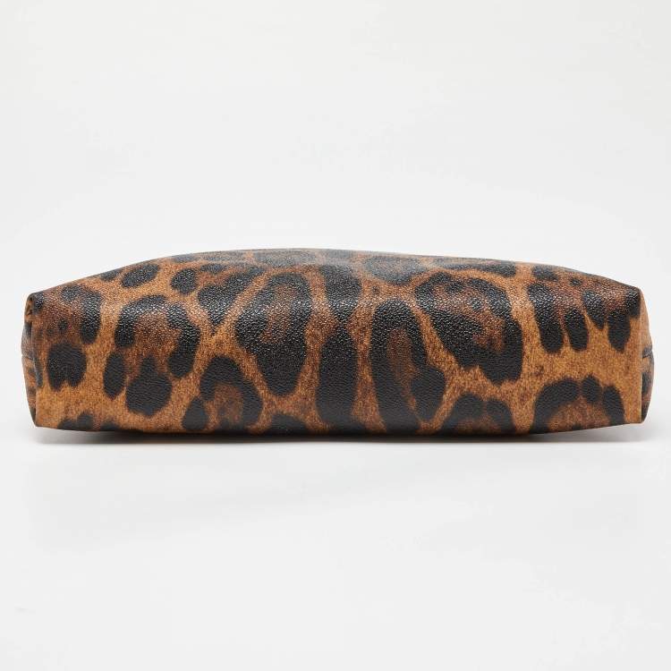 Pre Owned Dolce & Gabbana Brown/Black Leopard Print Coated Canvas and Leather Wristlet Pouch