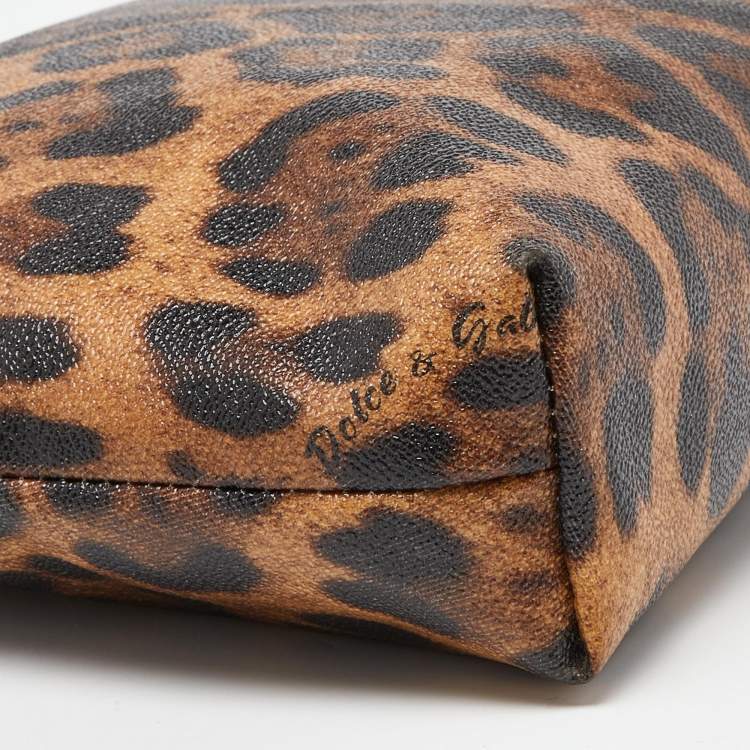 Pre Owned Dolce & Gabbana Brown/Black Leopard Print Coated Canvas and Leather Wristlet Pouch