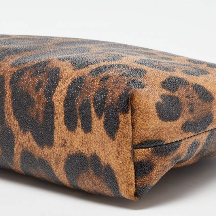 Pre Owned Dolce & Gabbana Brown/Black Leopard Print Coated Canvas and Leather Wristlet Pouch