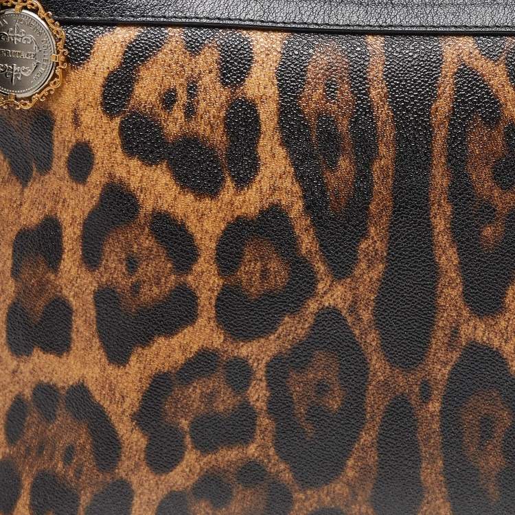 Pre Owned Dolce & Gabbana Brown/Black Leopard Print Coated Canvas and Leather Wristlet Pouch