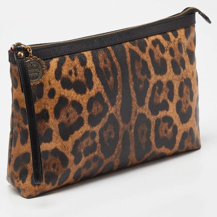 Pre Owned Dolce & Gabbana Brown/Black Leopard Print Coated Canvas and Leather Wristlet Pouch