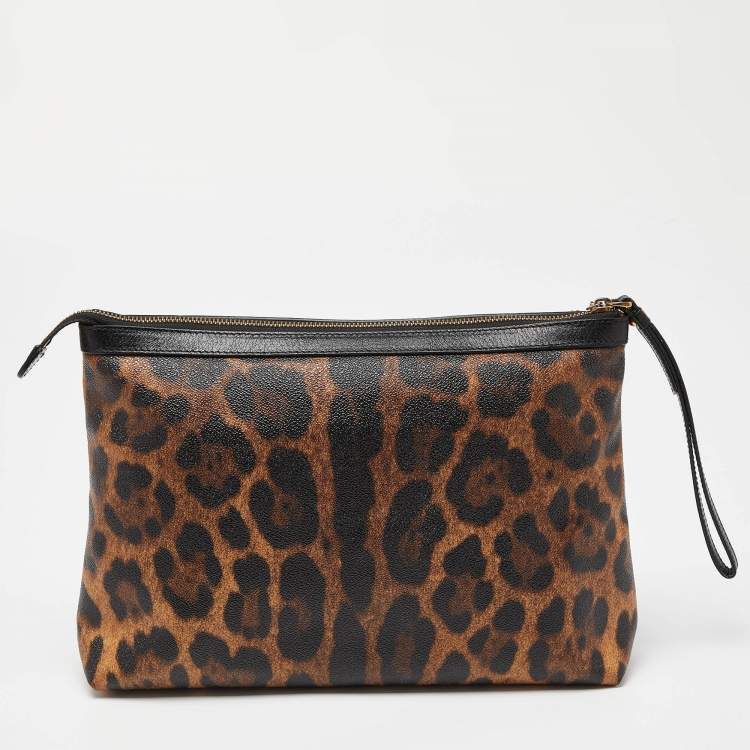 Pre Owned Dolce & Gabbana Brown/Black Leopard Print Coated Canvas and Leather Wristlet Pouch