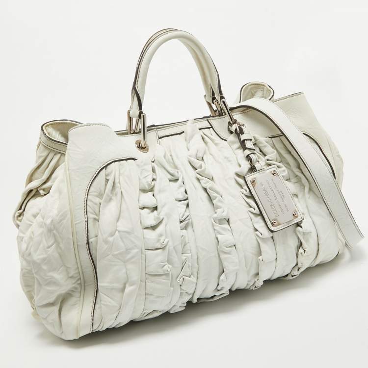Pre Owned Dolce & Gabbana White Leather Ruffle Miss Brooke Satchel