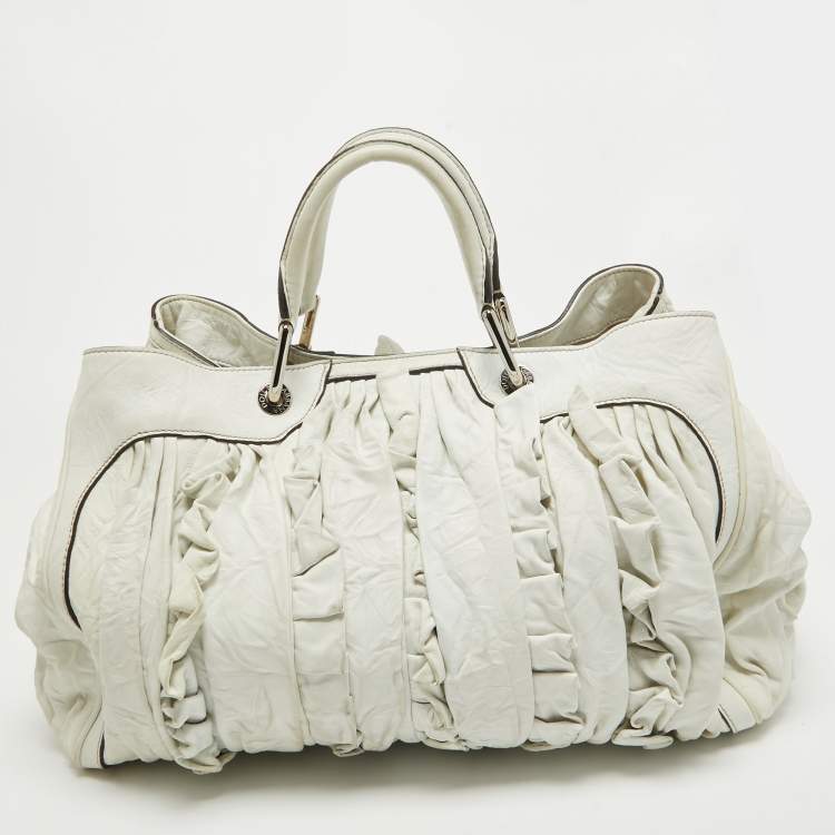 Pre Owned Dolce & Gabbana White Leather Ruffle Miss Brooke Satchel