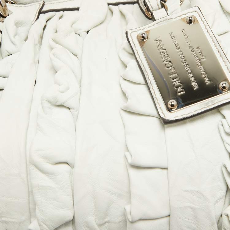 Pre Owned Dolce & Gabbana White Leather Ruffle Miss Brooke Satchel