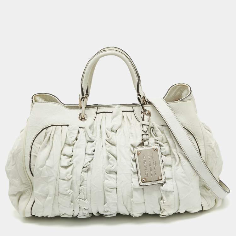 Pre Owned Dolce & Gabbana White Leather Ruffle Miss Brooke Satchel