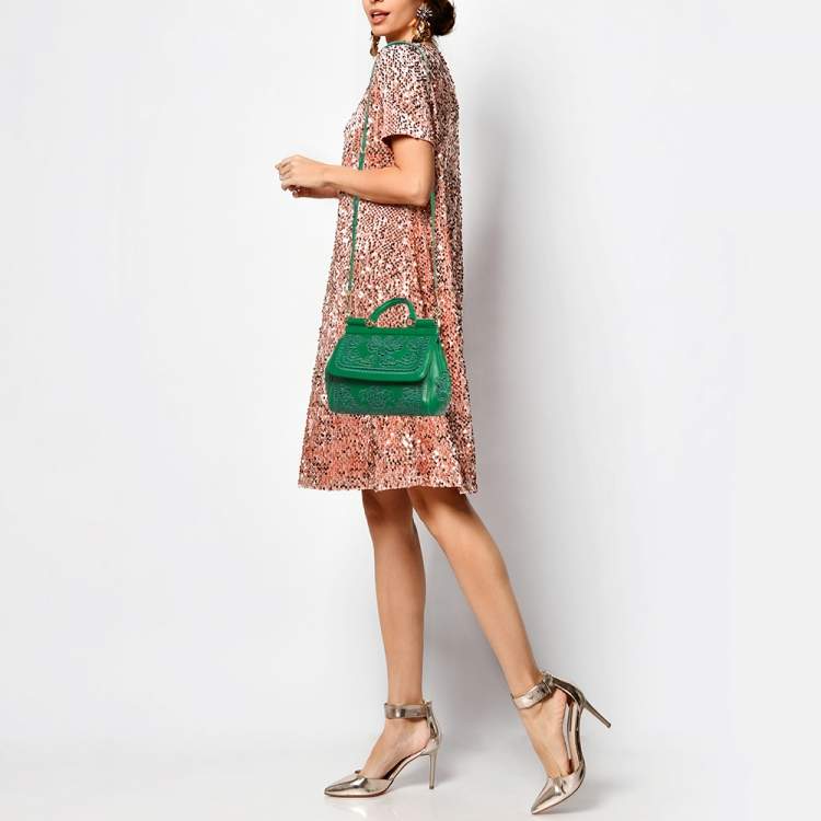 Pre Owned Dolce & Gabbana Green Leather Small Embroidered Miss Sicily Top Handle Bag