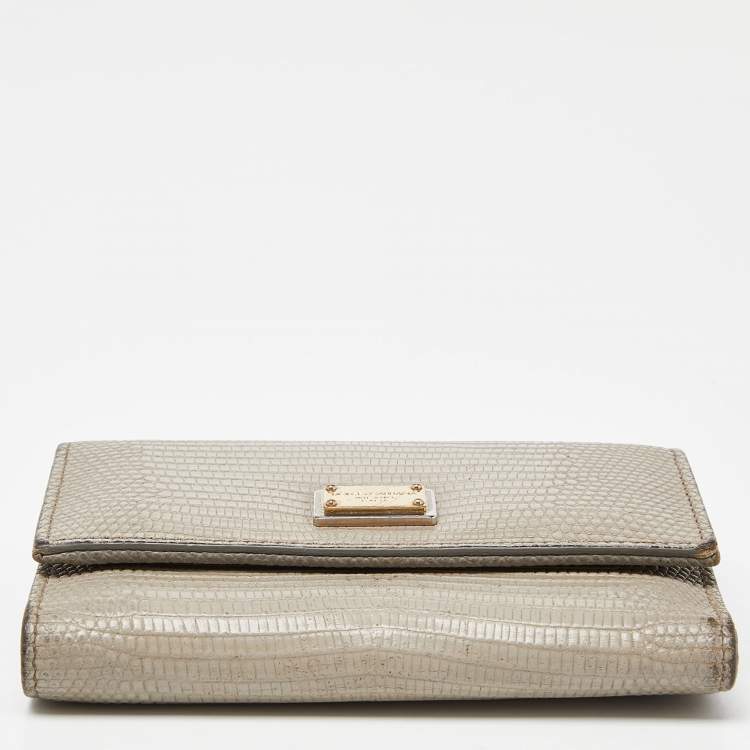 Pre Owned Dolce & Gabbana Grey Lizard Embossed Leather Trifold Wallet