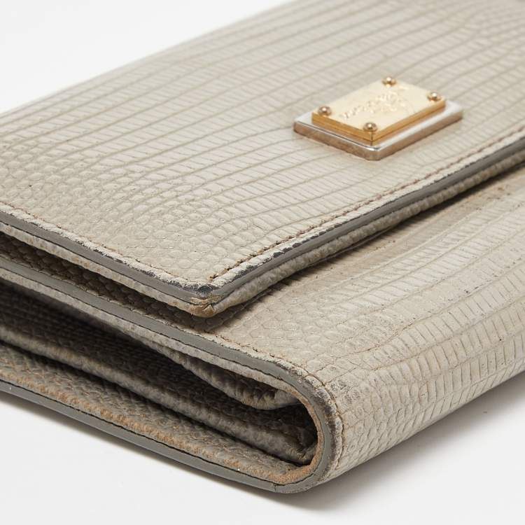 Pre Owned Dolce & Gabbana Grey Lizard Embossed Leather Trifold Wallet