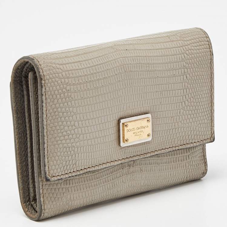 Pre Owned Dolce & Gabbana Grey Lizard Embossed Leather Trifold Wallet