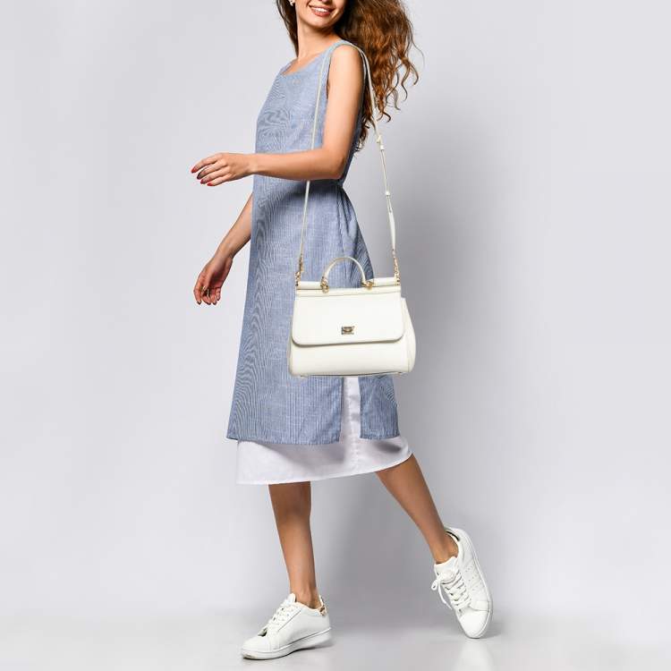 Pre Owned Dolce & Gabbana White Leather Medium Miss Sicily Handle Bag
