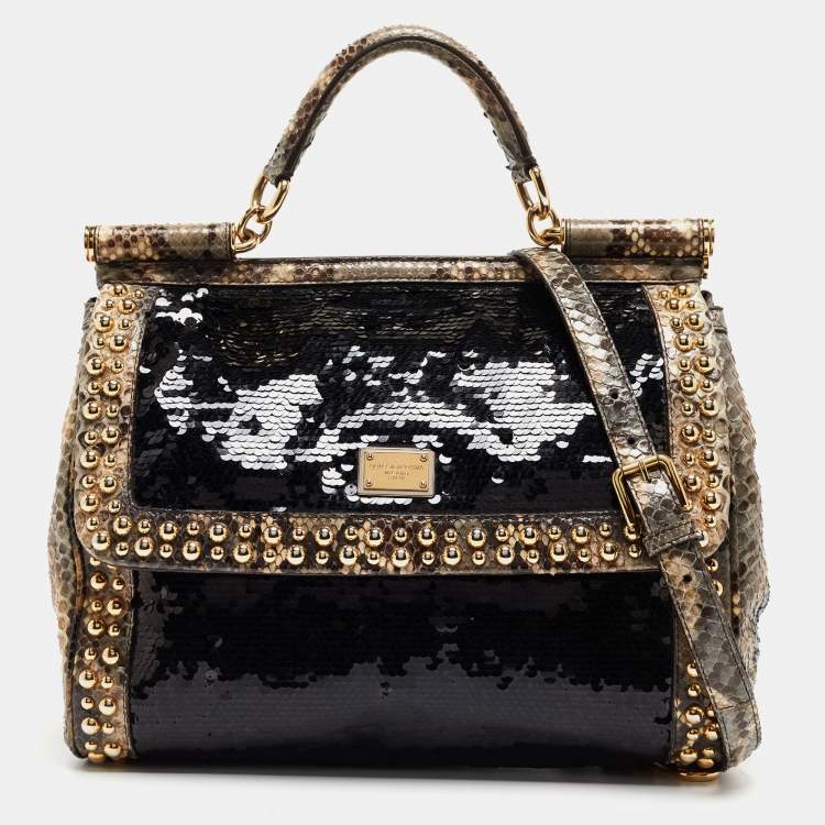 Pre Owned Dolce & Gabbana Multicolor Leather,Sequins and Python Large Miss Sicily Top Handle Bag