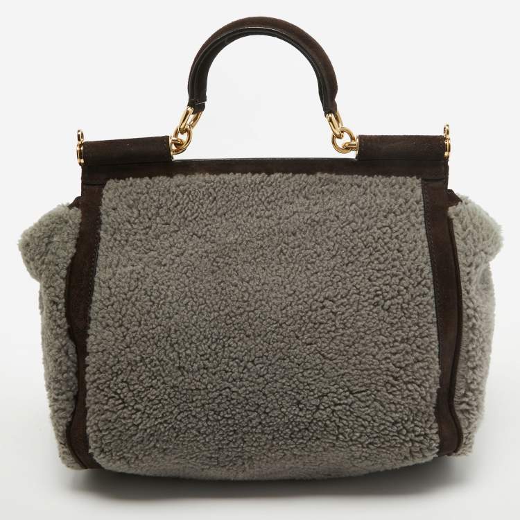 Pre Owned Dolce & Gabbana Brown/Grey Suede and Shearling Large Miss Sicily Top Handle Bag
