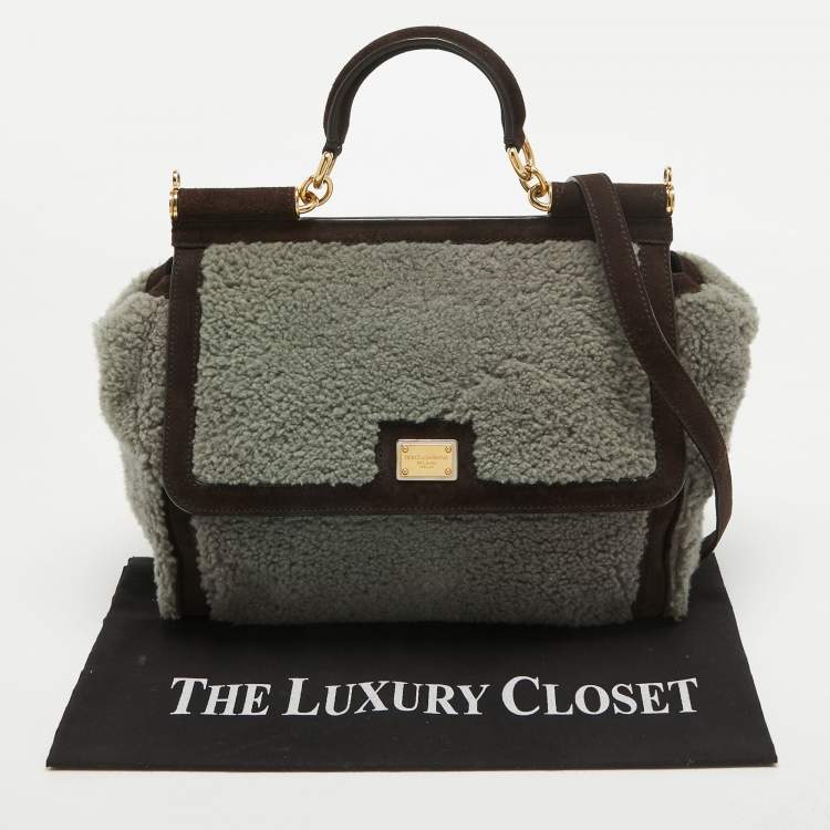 Pre Owned Dolce & Gabbana Brown/Grey Suede and Shearling Large Miss Sicily Top Handle Bag