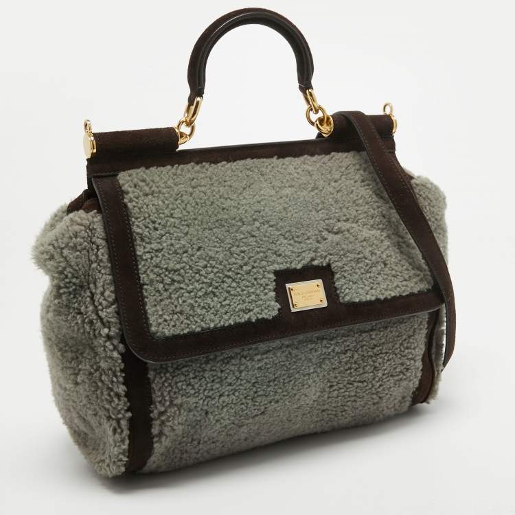 Pre Owned Dolce & Gabbana Brown/Grey Suede and Shearling Large Miss Sicily Top Handle Bag