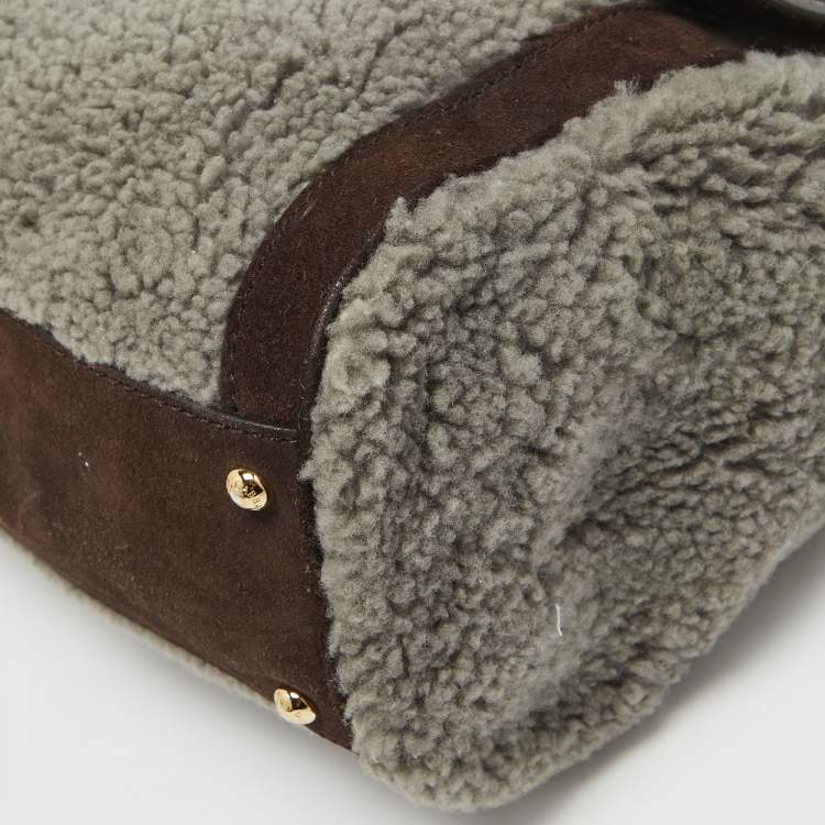 Pre Owned Dolce & Gabbana Brown/Grey Suede and Shearling Large Miss Sicily Top Handle Bag