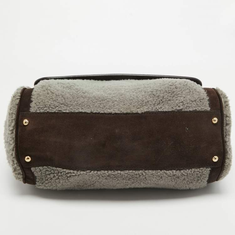 Pre Owned Dolce & Gabbana Brown/Grey Suede and Shearling Large Miss Sicily Top Handle Bag