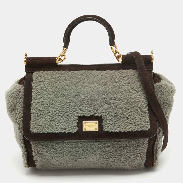 Pre Owned Dolce & Gabbana Brown/Grey Suede and Shearling Large Miss Sicily Top Handle Bag