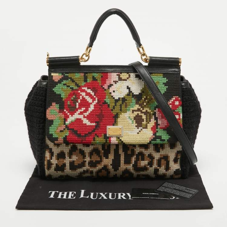 Pre Owned Dolce & Gabbana Multicolor Embroidered Crochet and Leather Large Miss Sicily Top Handle Bag