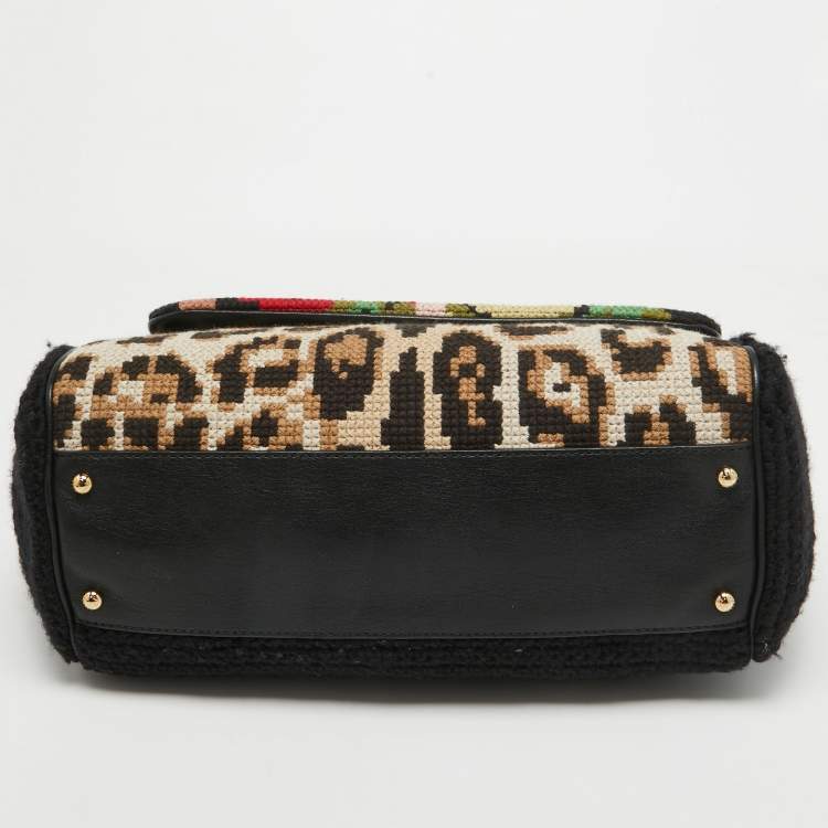 Pre Owned Dolce & Gabbana Multicolor Embroidered Crochet and Leather Large Miss Sicily Top Handle Bag