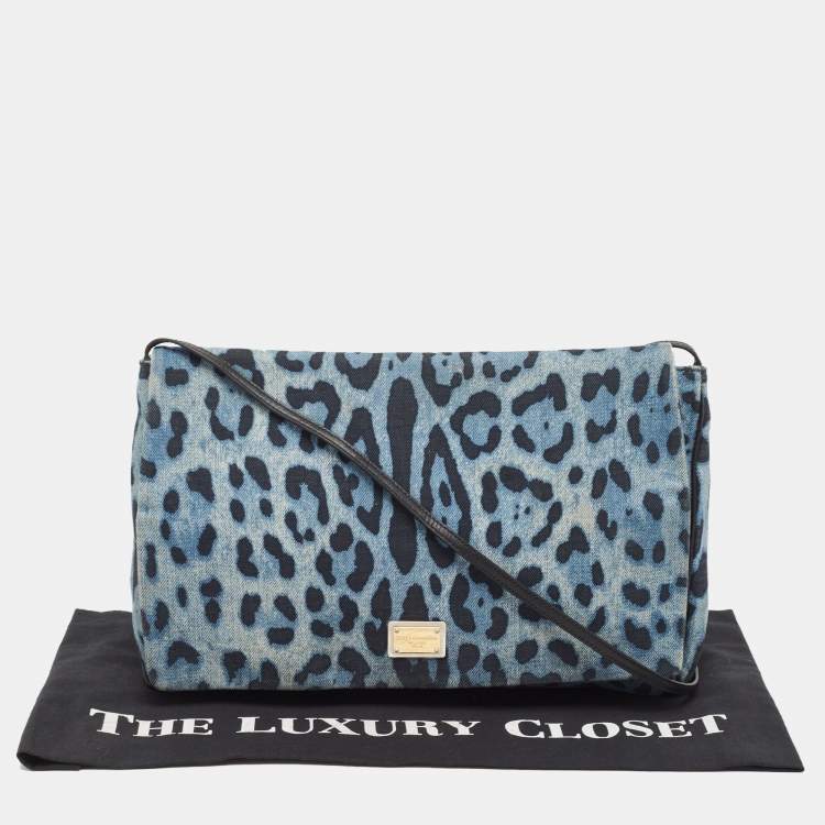 Pre Owned Dolce & Gabbana Blue/Black Leopard Print Denim Flap Shoulder Bag